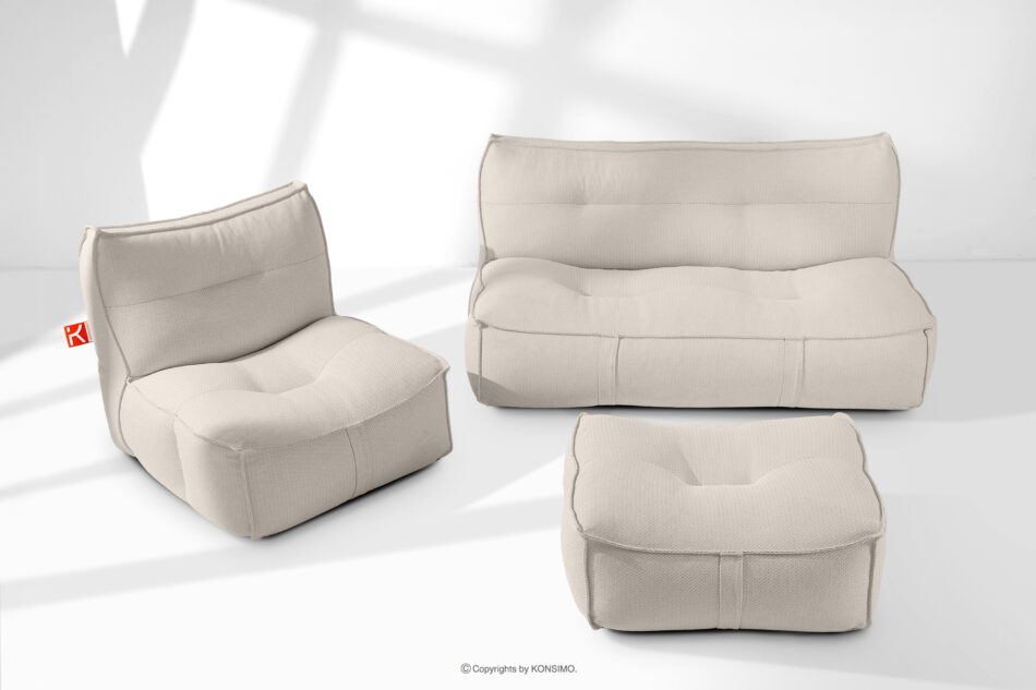 LOVIA Zestaw ogrodowy fotel sofa i puf w tkaninie plecionej outdoorowej ciemny beżowy/biały ciemny beżowy/biały - zdjęcie 1