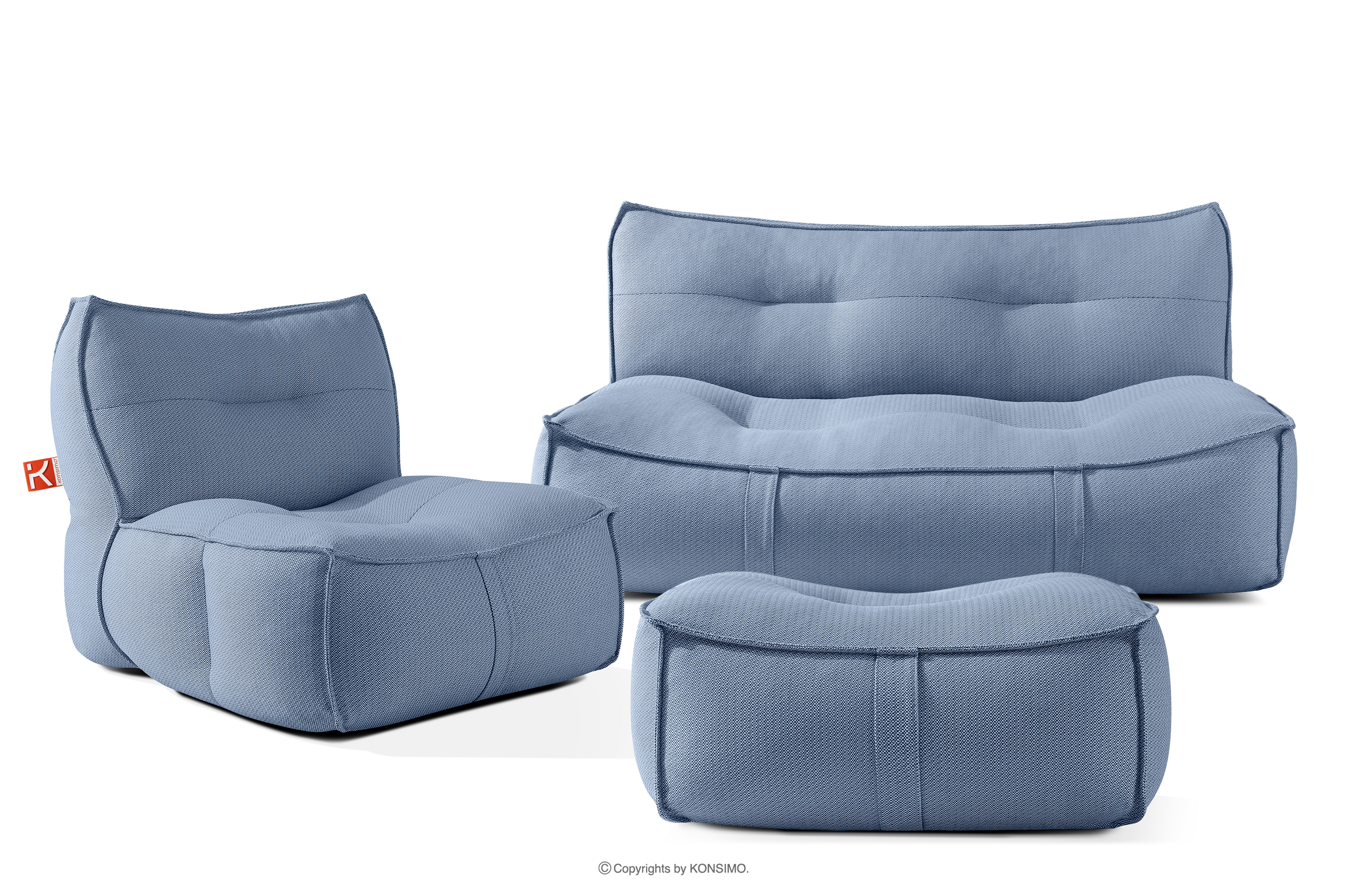 Komplet mebli ogrodowych sofa fotel puf w tkaninie plecionej outdoorowej granatowy/biały