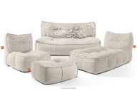 Zestaw mebli ogrodowych sofa fotel szezlong puf tkanina pleciona outdoorowa ciemny beżowy/biały