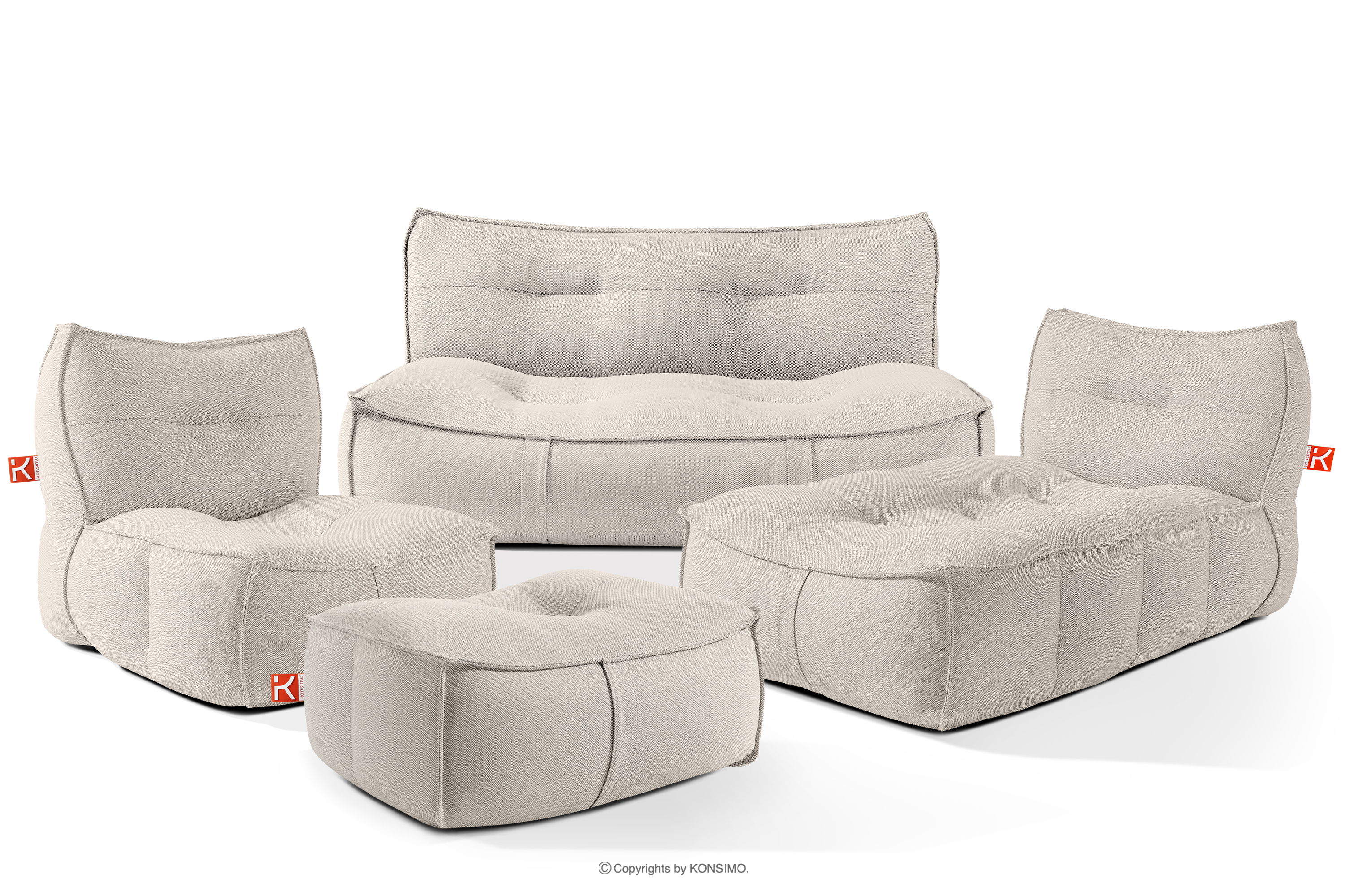 Zestaw mebli ogrodowych sofa fotel szezlong puf tkanina pleciona outdoorowa ciemny beżowy/biały