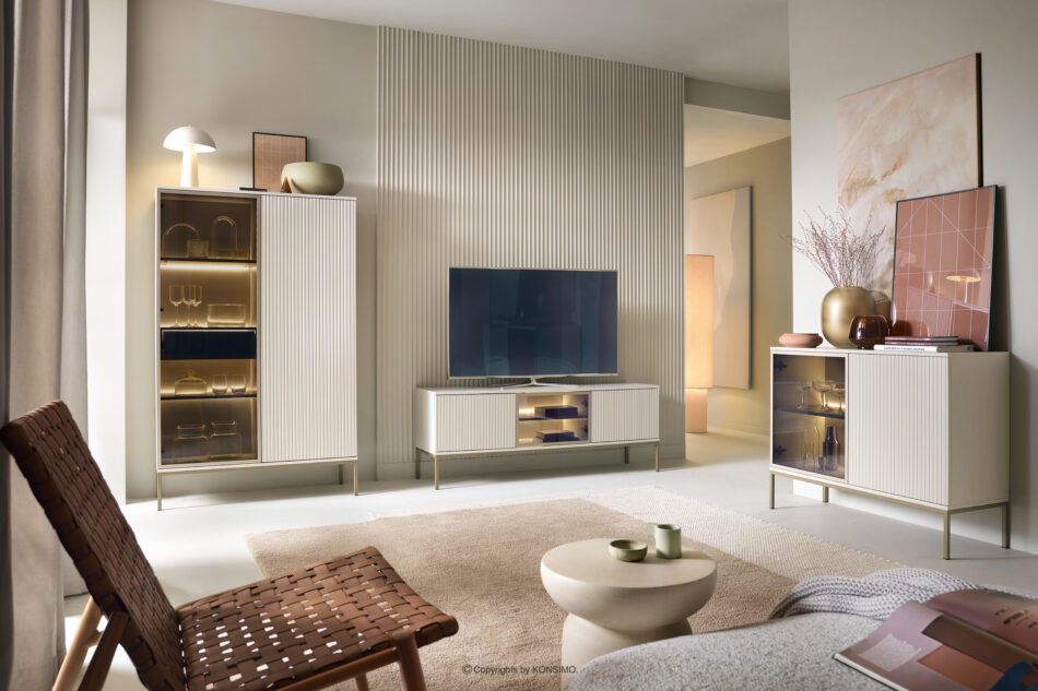 FONTE Kremowa witryna z lamelami na wysokich nóżkach kremowy - zdjęcie 5