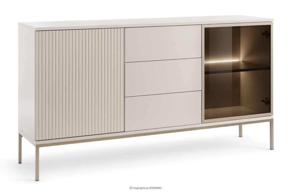 FONTE Kremowa szeroka komoda ze szklanymi drzwiami i lamelami kremowy - zdjęcie 2