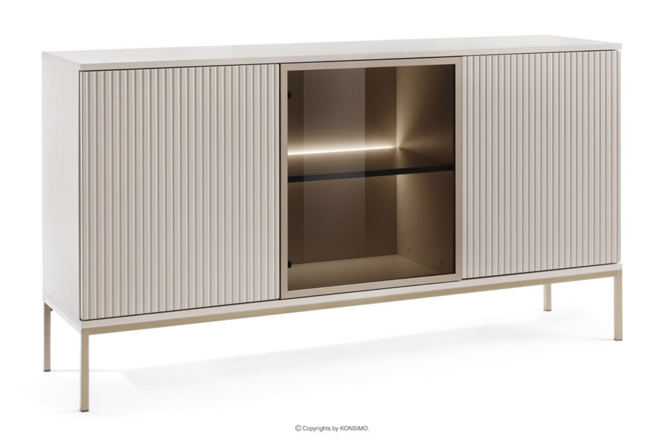 FONTE Kremowa duża komoda ze szklanymi drzwiami i lamelami kremowy - zdjęcie 2