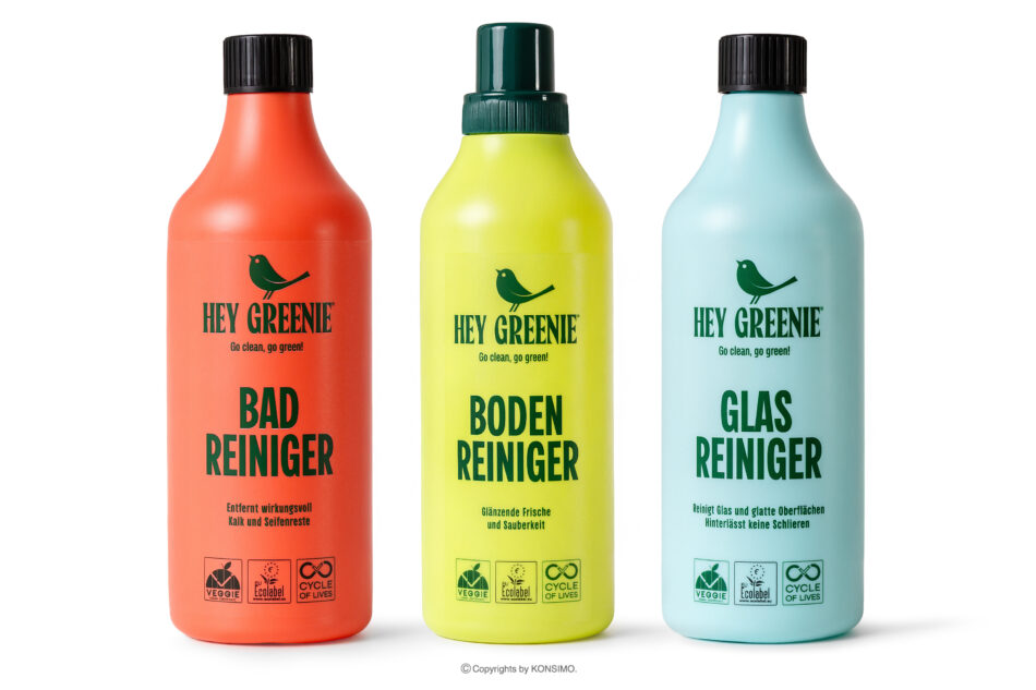 HEY GREENIE Ekologiczny zestaw środków do czyszczenia - płyn do czyszczenia podłóg, łazienki i szkła (3 szt.) żółty/różowy/jasny niebieski - zdjęcie 0
