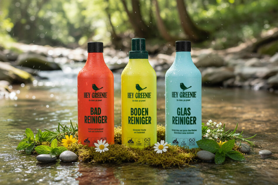 HEY GREENIE Ekologiczny zestaw środków do czyszczenia - płyn do czyszczenia podłóg, łazienki i szkła (3 szt.) żółty/różowy/jasny niebieski - zdjęcie 1