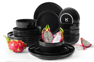 VICTO, https://konsimo.pl/kolekcja/victo/ Zestaw obiadowy czarny połysk 6os. (18 el.) czarny połysk - zdjęcie