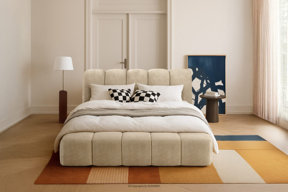 MERIDE Łóżko tapicerowane 160 cm w stylu japandi z pikowaniem beżowy beżowy - zdjęcie 21