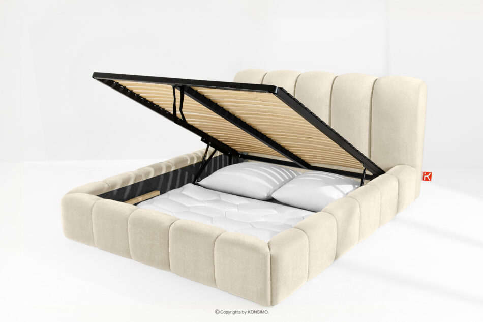 MERIDE Łóżko tapicerowane 160 cm w stylu japandi z pikowaniem ecru ecru - zdjęcie 11