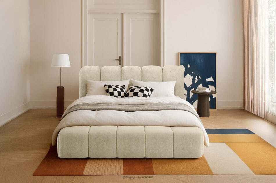 MERIDE Łóżko tapicerowane 160 cm w stylu japandi z pikowaniem ecru ecru - zdjęcie 21