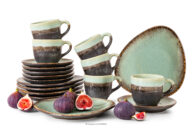 Zestaw kawowy ręcznie szkliwiony 6 os. (18 el.) szałwiowy