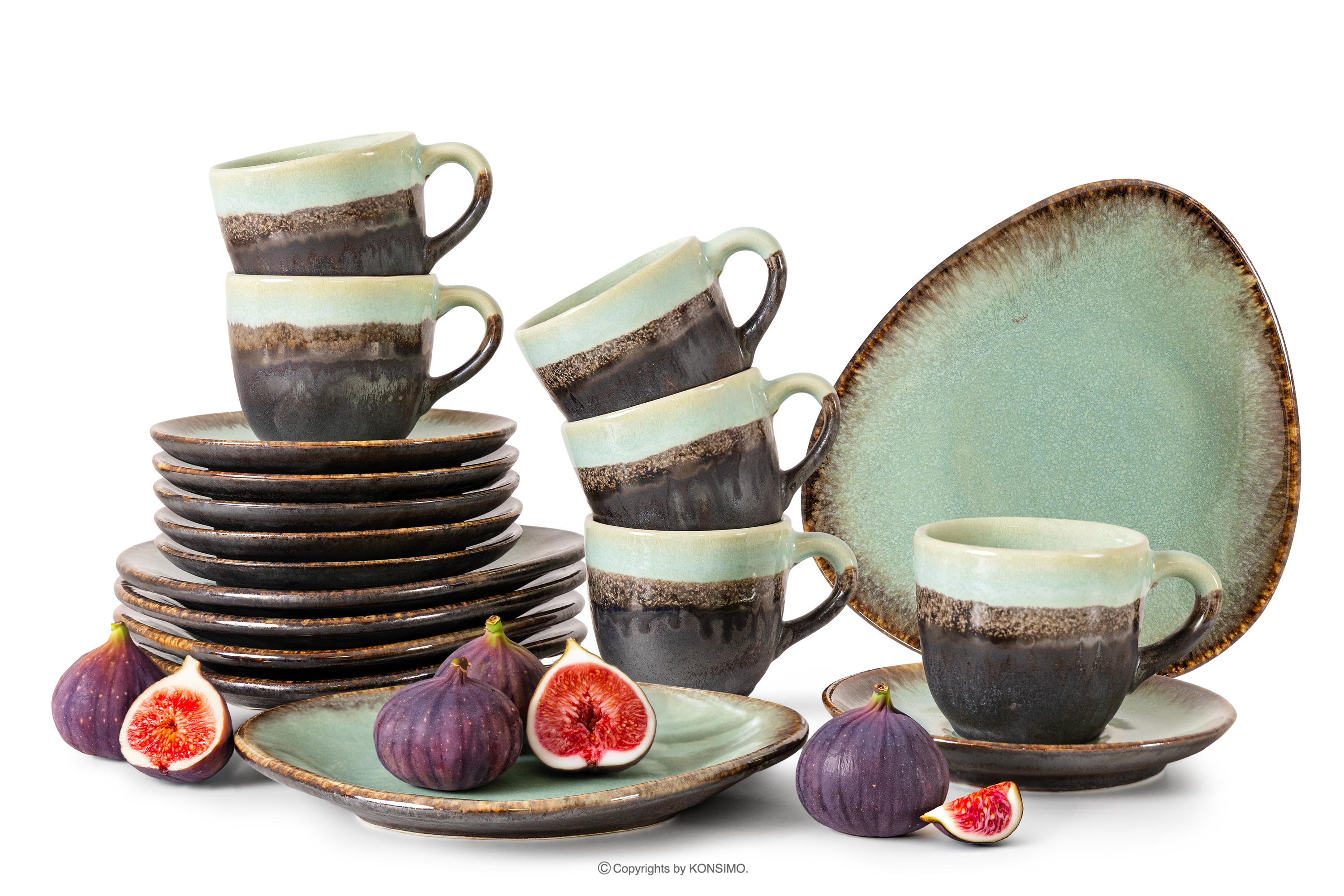 Zestaw kawowy ręcznie szkliwiony 6 os. (18 el.) szałwiowy