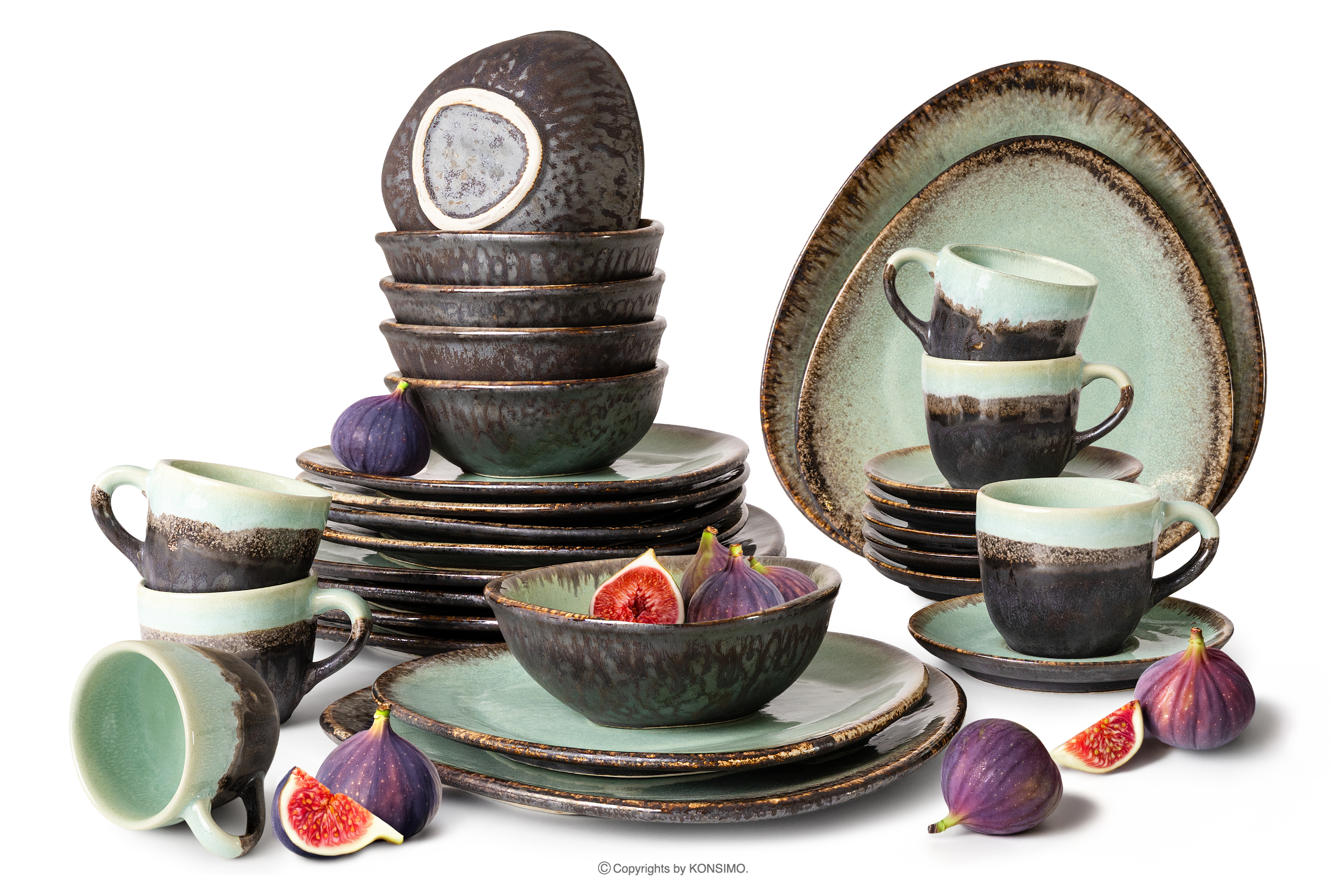 Zestaw obiadowo-kawowy z ceramiki ręcznie szkliwiony 6 os. (30 el.) szałwiowy