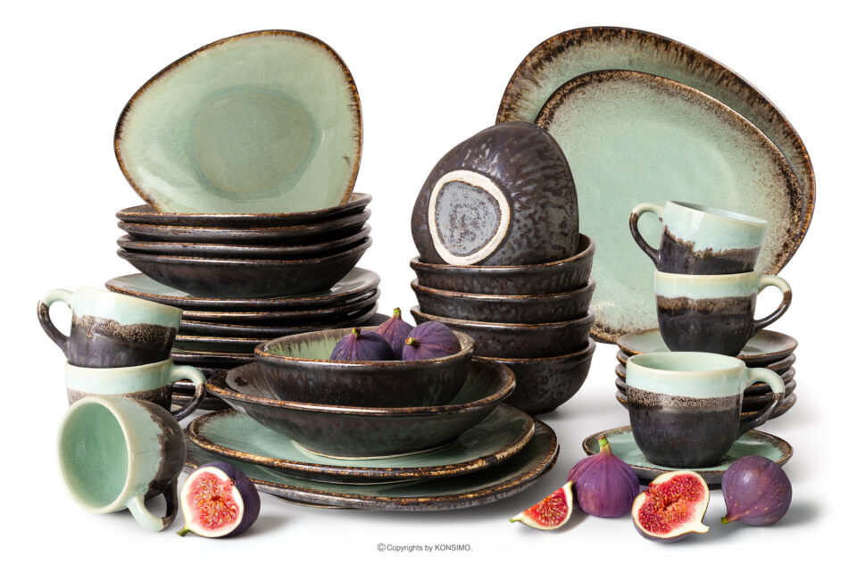 PRIMA Zestaw obiadowo-kawowy z ceramiki ręcznie szkliwionej 6 os. (36 el.) szałwiowy szałwiowy - zdjęcie 0
