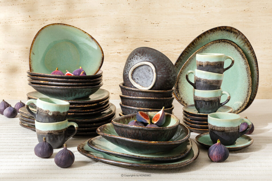 PRIMA Zestaw obiadowo-kawowy z ceramiki ręcznie szkliwionej 6 os. (36 el.) szałwiowy szałwiowy - zdjęcie 1