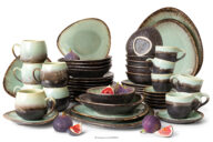 Zestaw obiadowo-śniadaniowo-kawowy z ceramiki ręcznie szkliwiony 6 os. (48 el.) szałwiowy