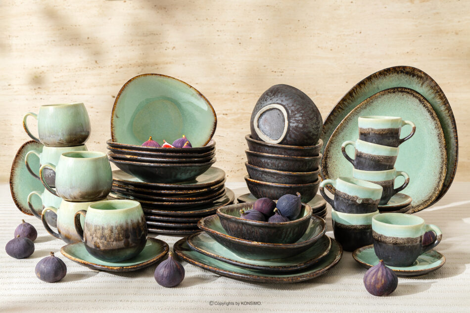 PRIMA Zestaw obiadowo-śniadaniowo-kawowy z ceramiki ręcznie szkliwiony 6 os. (48 el.) szałwiowy szałwiowy - zdjęcie 1