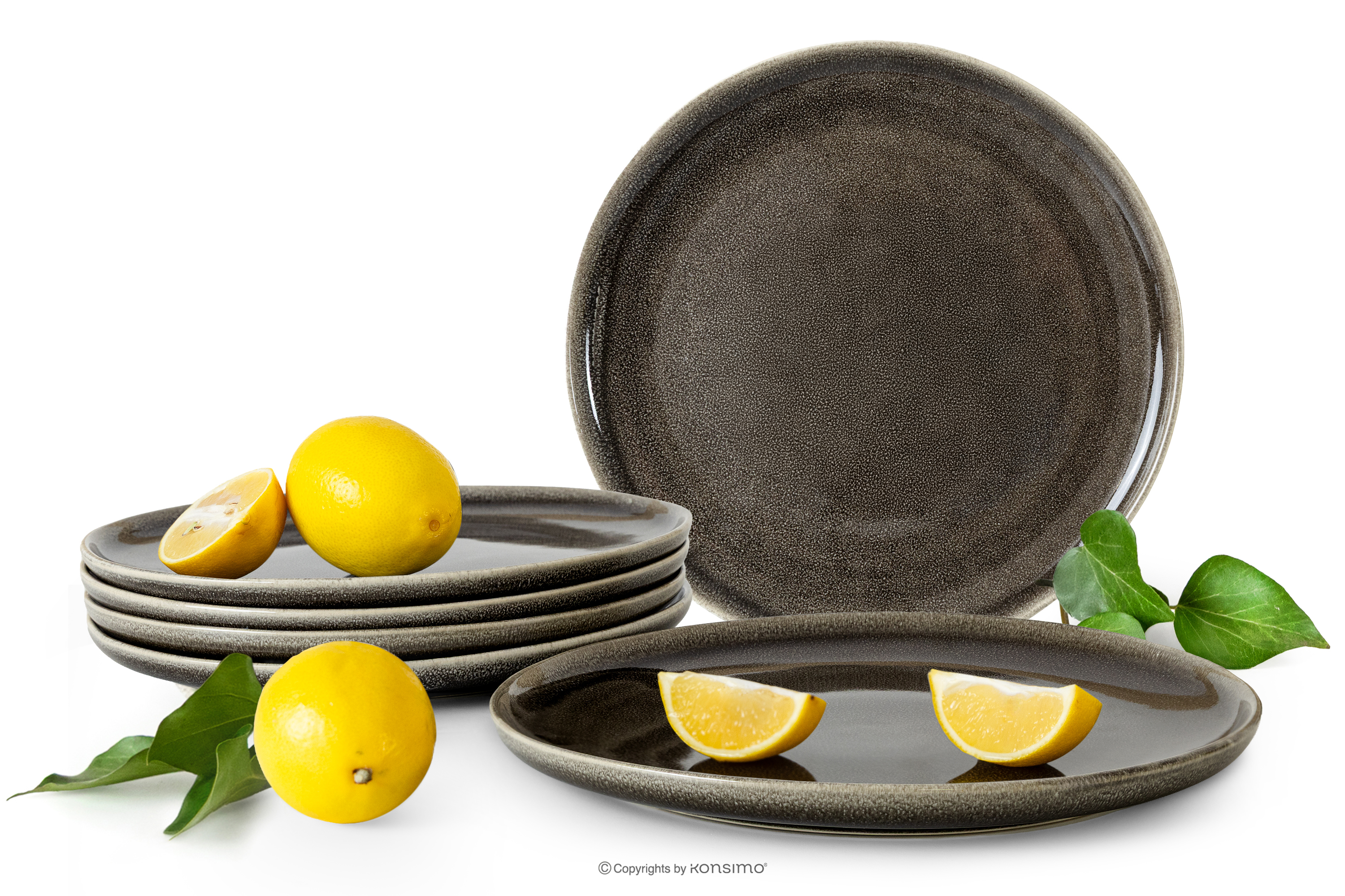 Talerz obiadowy 6 szt. z ceramiki w stylu rustykalnym brązowy/szary/beżowy