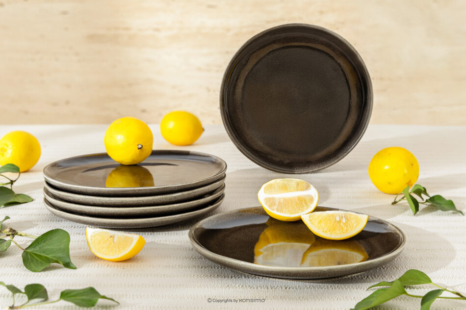 EDA Talerz deserowy 6 szt. z ceramiki w stylu rustykalnym brązowy/szary/beżowy brązowy/szary/beżowy - zdjęcie 1