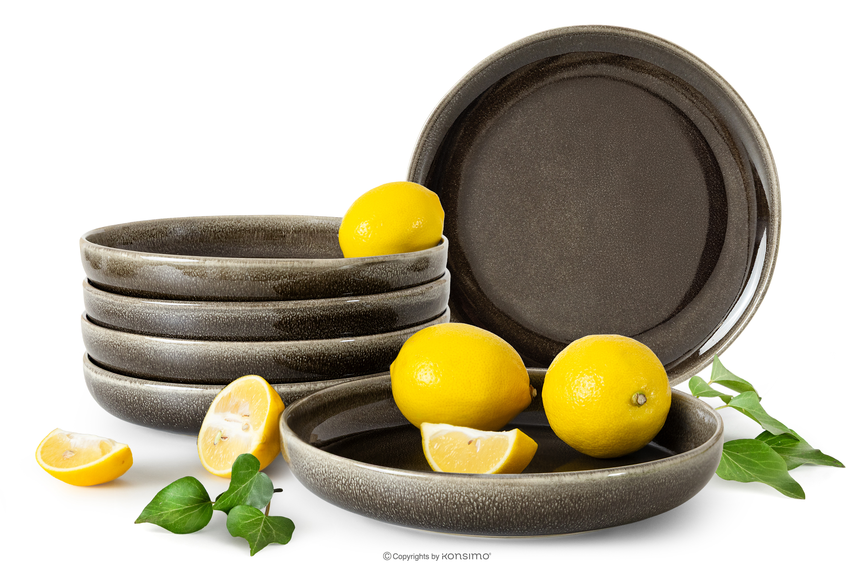 Talerz głęboki 6 szt. z ceramiki w stylu rustykalnym brązowy/szary/beżowy