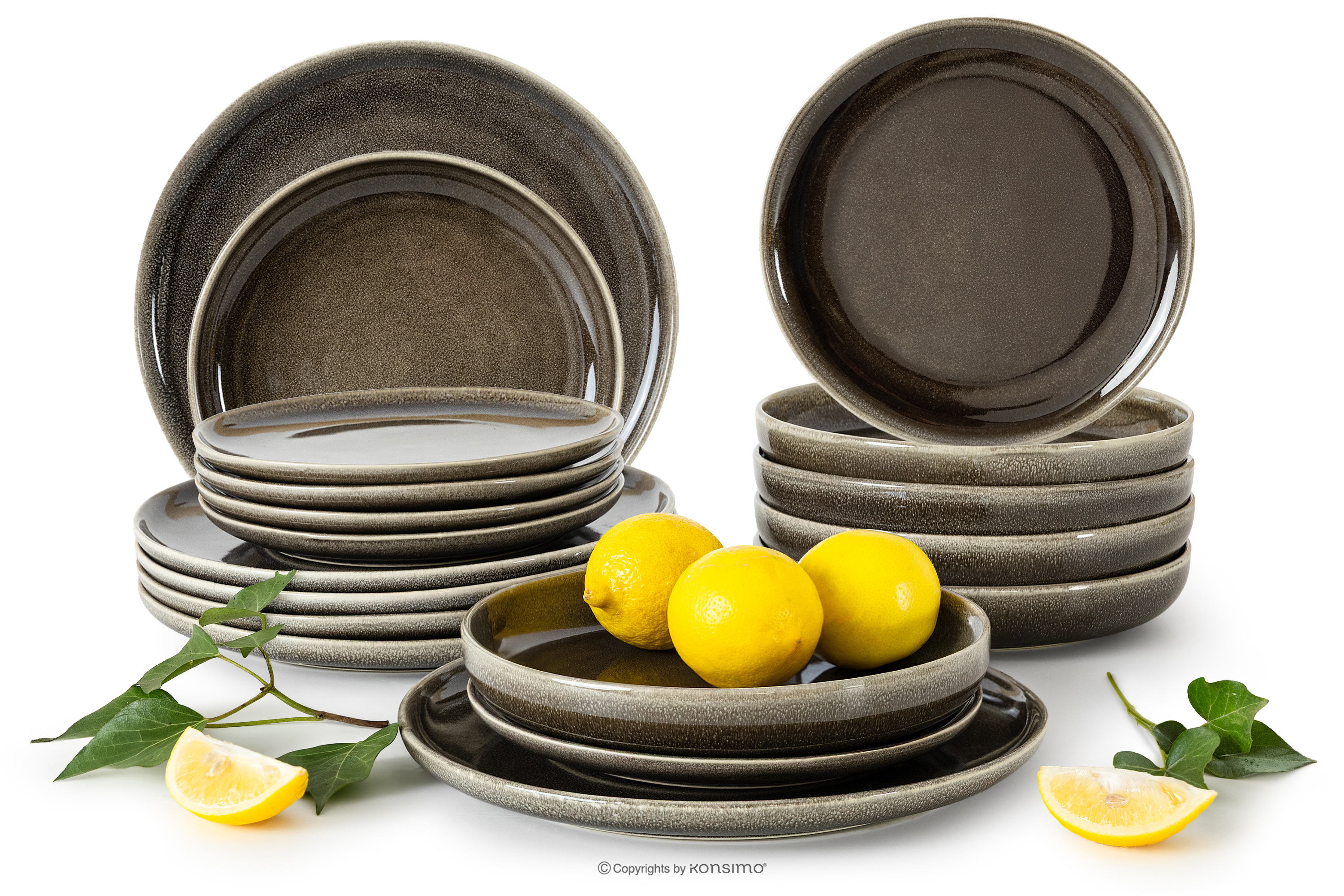 Zestaw obiadowy 6 os. (18 el.) z ceramiki w stylu rustykalnym brązowy/szary/beżowy