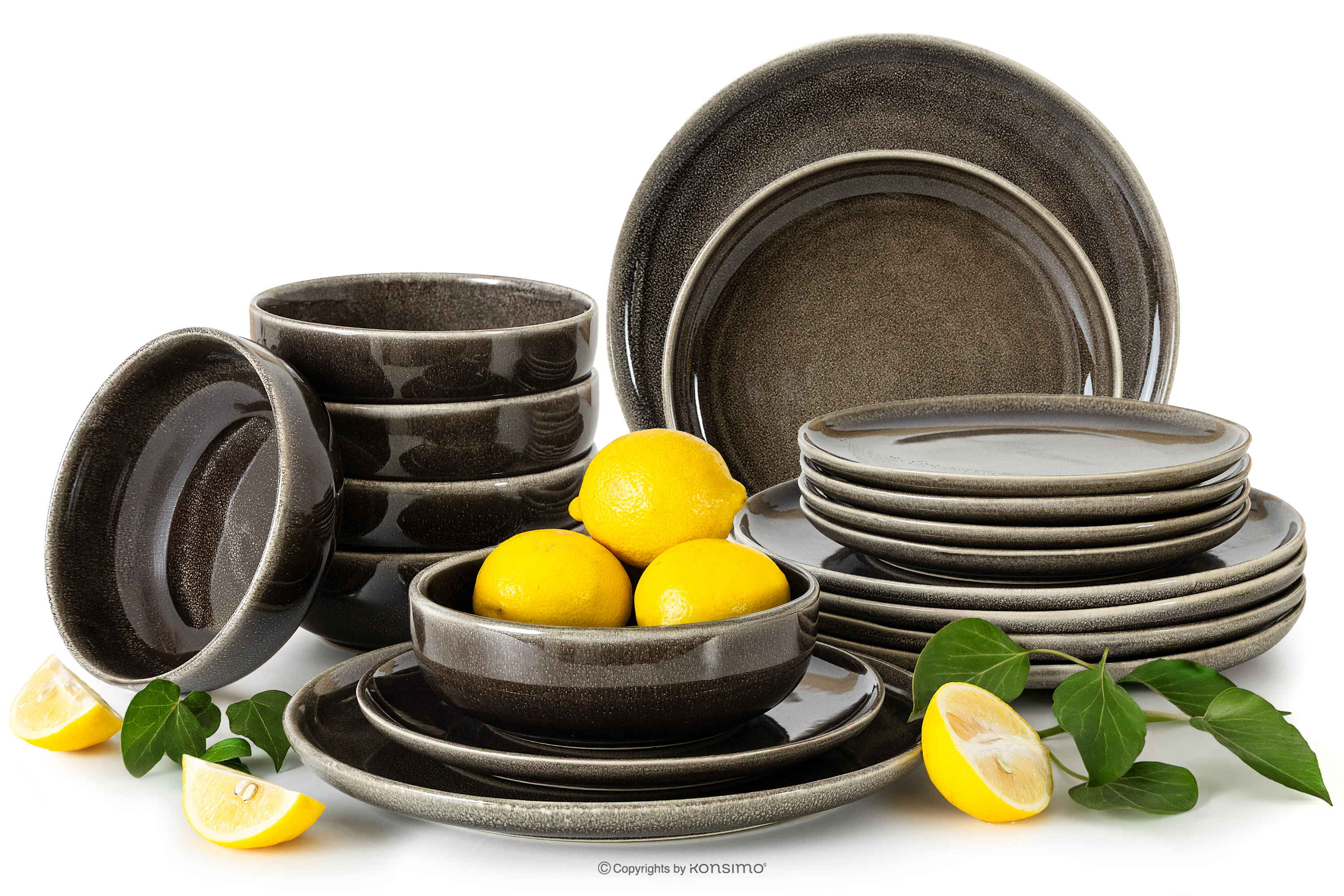 Zestaw obiadowy 6 os. (18 el.) z ceramiki w stylu rustykalnym brązowy/szary/beżowy