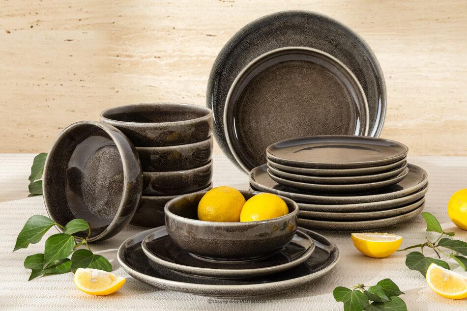 EDA Zestaw obiadowy 6 os. (18 el.) z ceramiki w stylu rustykalnym brązowy/szary/beżowy brązowy/szary/beżowy - zdjęcie 1