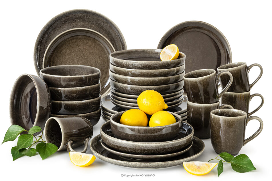 EDA Zestaw obiadowy 6 os. (30 el.) z ceramiki w stylu rustykalnym brązowy/szary/beżowy brązowy/szary/beżowy - zdjęcie 0