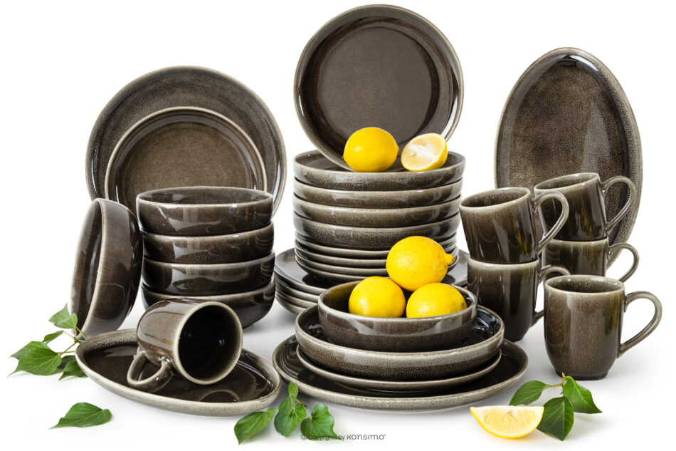 EDA Zestaw obiadowy 6 os. (32 el.) z ceramiki w stylu rustykalnym brązowy/szary/beżowy brązowy/szary/beżowy - zdjęcie 0