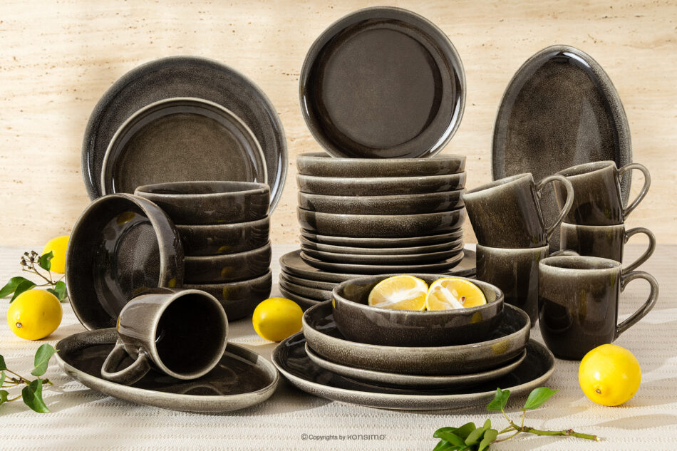 EDA Zestaw obiadowy 6 os. (32 el.) z ceramiki w stylu rustykalnym brązowy/szary/beżowy brązowy/szary/beżowy - zdjęcie 1