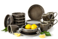 Zestaw śniadaniowy 6 os. (18 el.) z ceramiki w stylu rustykalnym brązowy/szary/beżowy