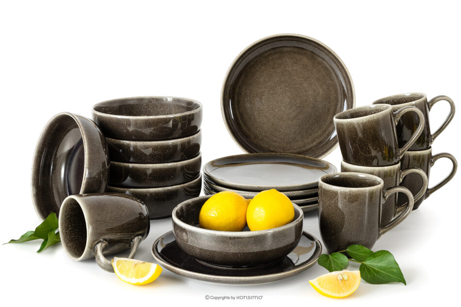 EDA Zestaw śniadaniowy 6 os. (18 el.) z ceramiki w stylu rustykalnym brązowy/szary/beżowy brązowy/szary/beżowy - zdjęcie 0