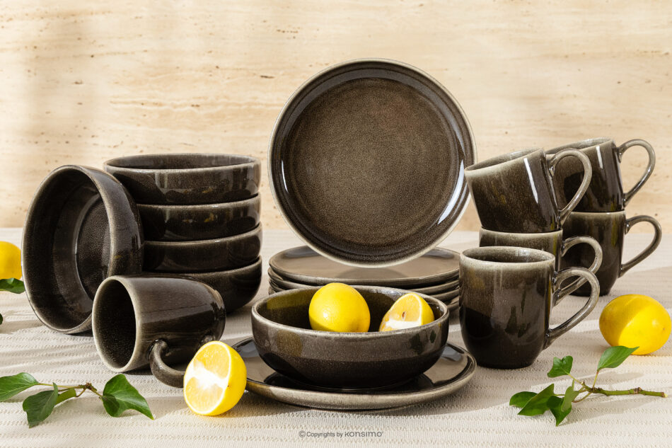 EDA Zestaw śniadaniowy 6 os. (18 el.) z ceramiki w stylu rustykalnym brązowy/szary/beżowy brązowy/szary/beżowy - zdjęcie 1