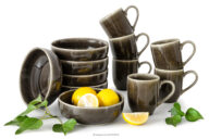 Zestaw śniadaniowy 6 os. (12 el.) z ceramiki w stylu rustykalnym brązowy/szary/beżowy