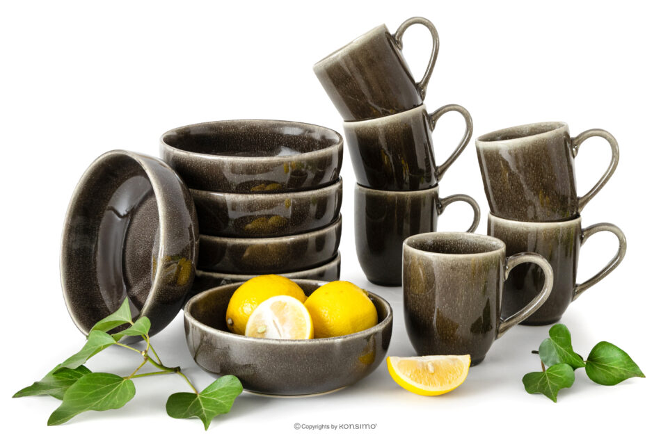 EDA Zestaw śniadaniowy 6 os. (12 el.) z ceramiki w stylu rustykalnym brązowy/szary/beżowy brązowy/szary/beżowy - zdjęcie 0