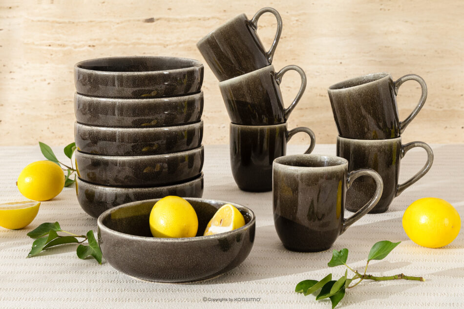 EDA Zestaw śniadaniowy 6 os. (12 el.) z ceramiki w stylu rustykalnym brązowy/szary/beżowy brązowy/szary/beżowy - zdjęcie 1