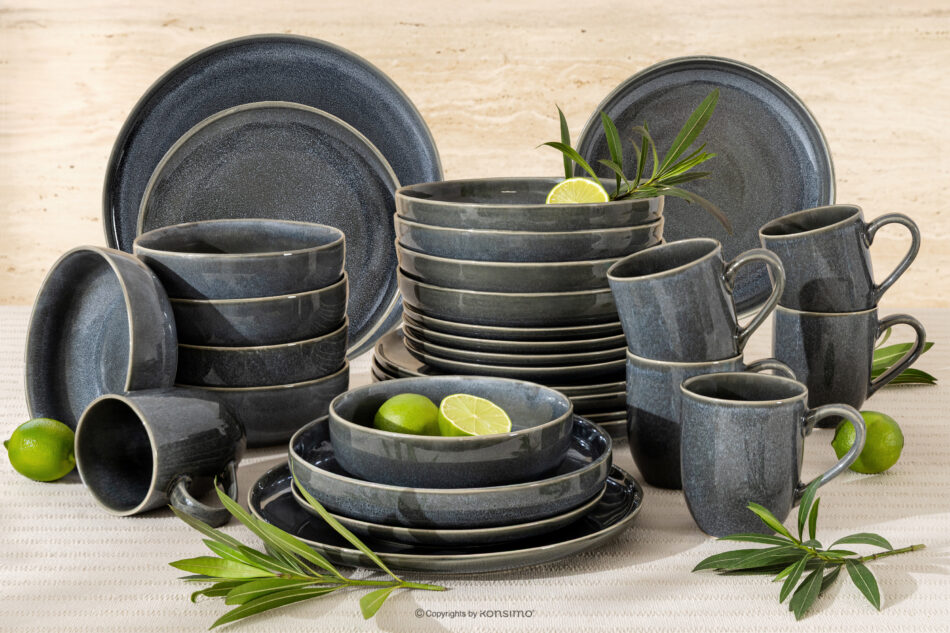 EDA Zestaw obiadowy 6 os. (30 el.) z ceramiki w stylu rustykalnym niebieski/szary/beżowy niebieski/szary/beżowy - zdjęcie 1