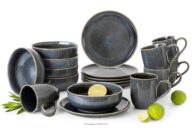 Zestaw śniadaniowy 6 os. (18 el.) z ceramiki w stylu rustykalnym niebieski/szary/beżowy