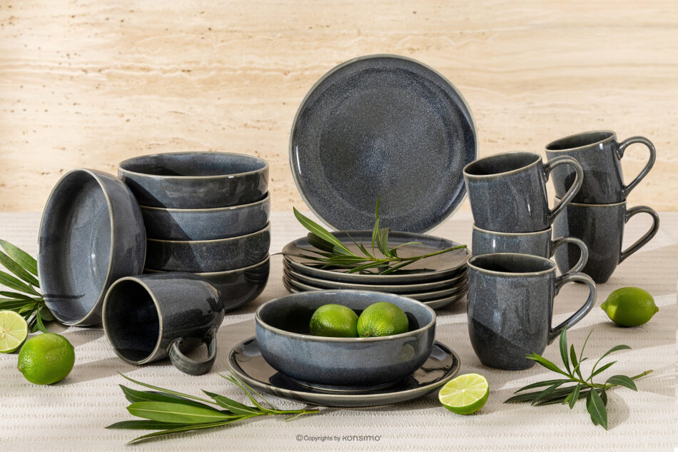 EDA Zestaw śniadaniowy 6 os. (18 el.) z ceramiki w stylu rustykalnym niebieski/szary/beżowy niebieski/szary/beżowy - zdjęcie 1