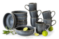 Zestaw śniadaniowy 6 os. (12 el.) z ceramiki w stylu rustykalnym niebieski/szary/beżowy