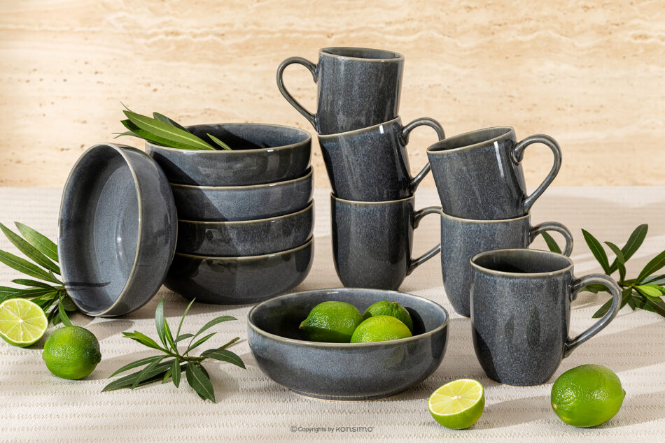 EDA Zestaw śniadaniowy 6 os. (12 el.) z ceramiki w stylu rustykalnym niebieski/szary/beżowy niebieski/szary/beżowy - zdjęcie 1