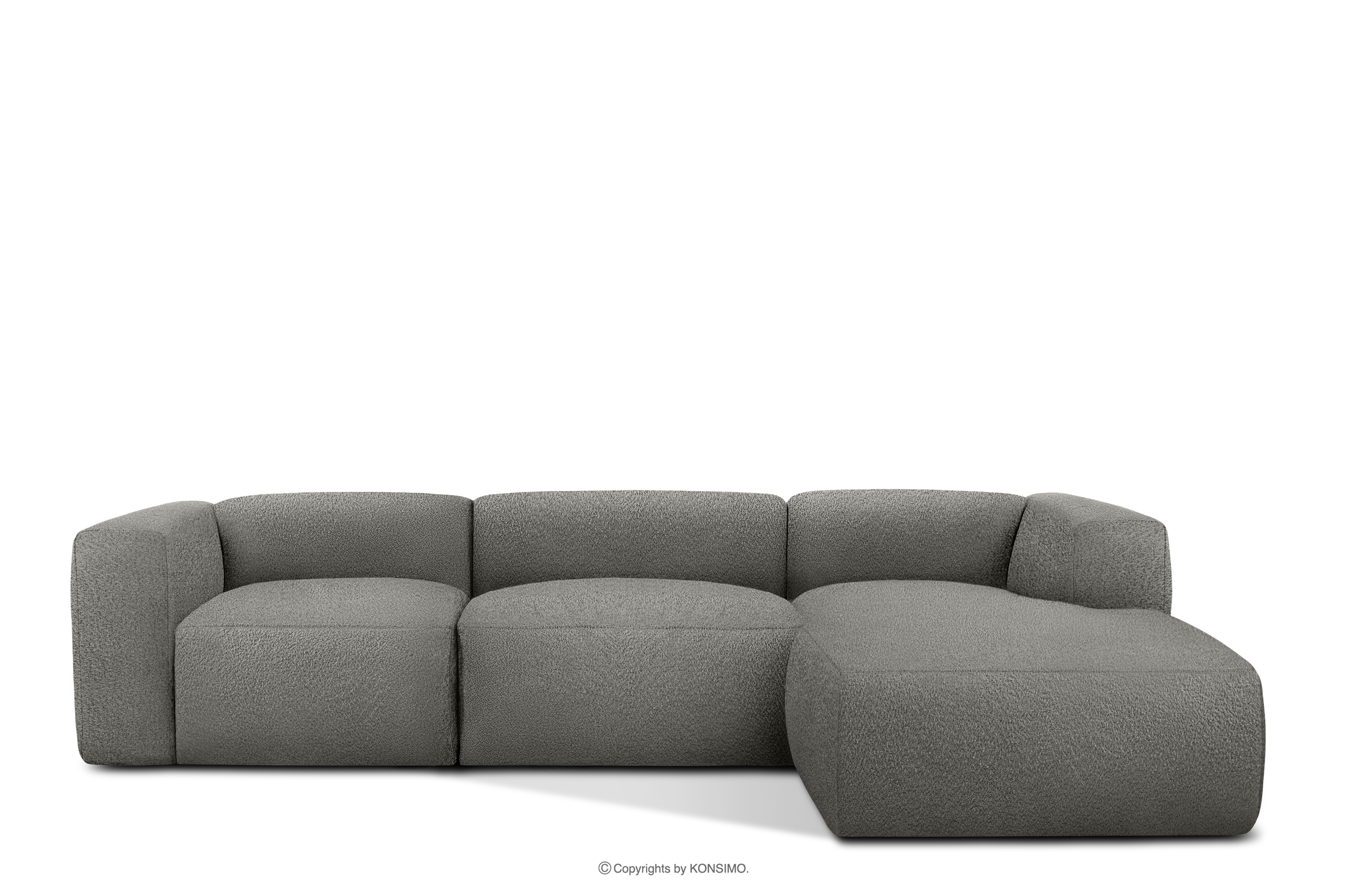 Duży miękki narożnik w tkaninie boucle prawy stalowy