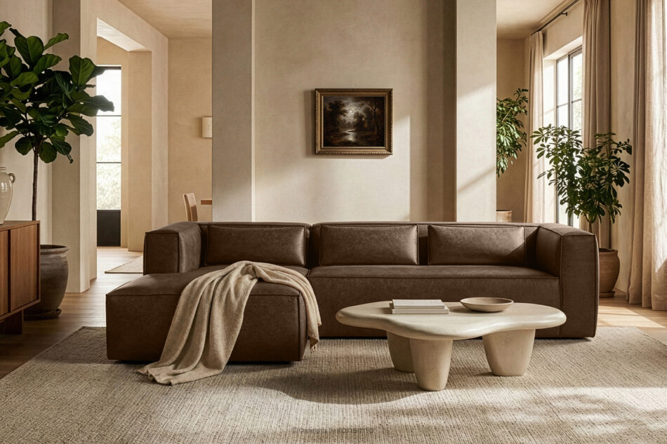 FEROX Narożnik w stylu loft tkanina skóropodobna ciemny brązowy lewy ciemny brązowy - zdjęcie 11