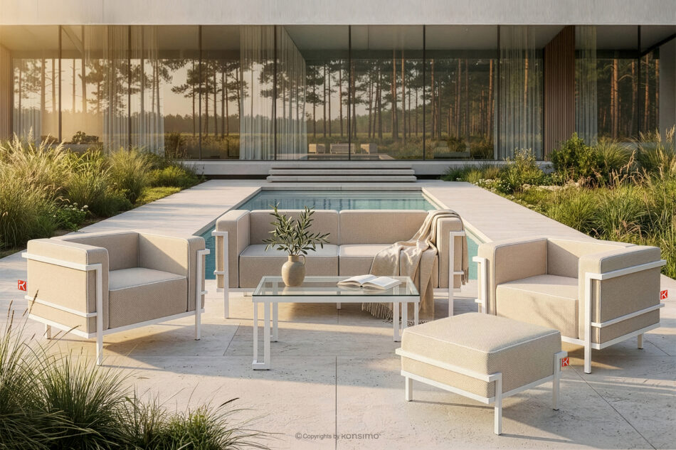 TRIGLO Puf ogrodowy na metalowych nóżkach biały/ciemny beżowy/biały biały/ciemny beżowy/biały - zdjęcie 6