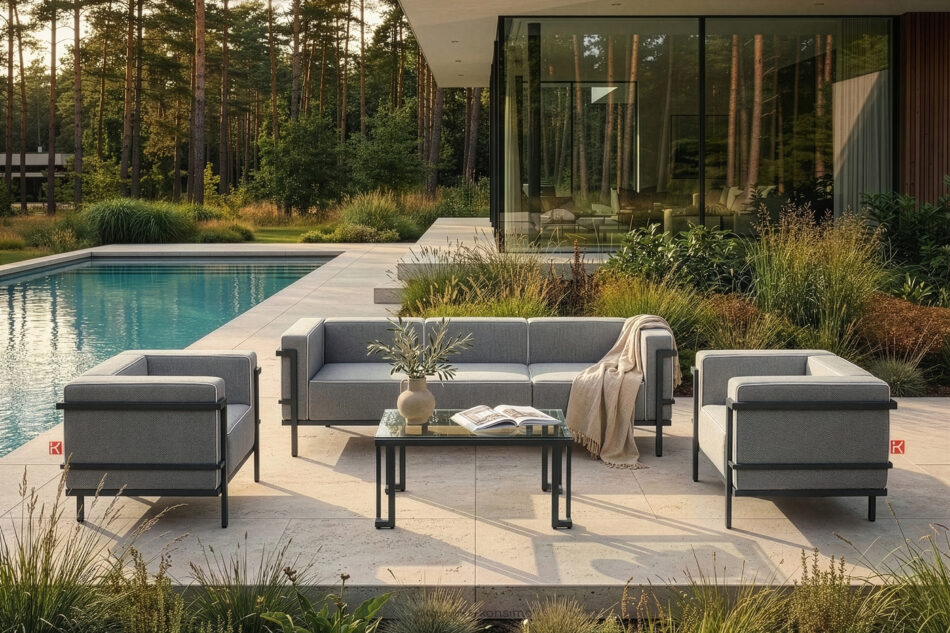 TRIGLO Nowoczesna sofa ogrodowa 3 na metalowych nóżkach ciemny szary/czarny/biały ciemny szary/czarny/biały - zdjęcie 10