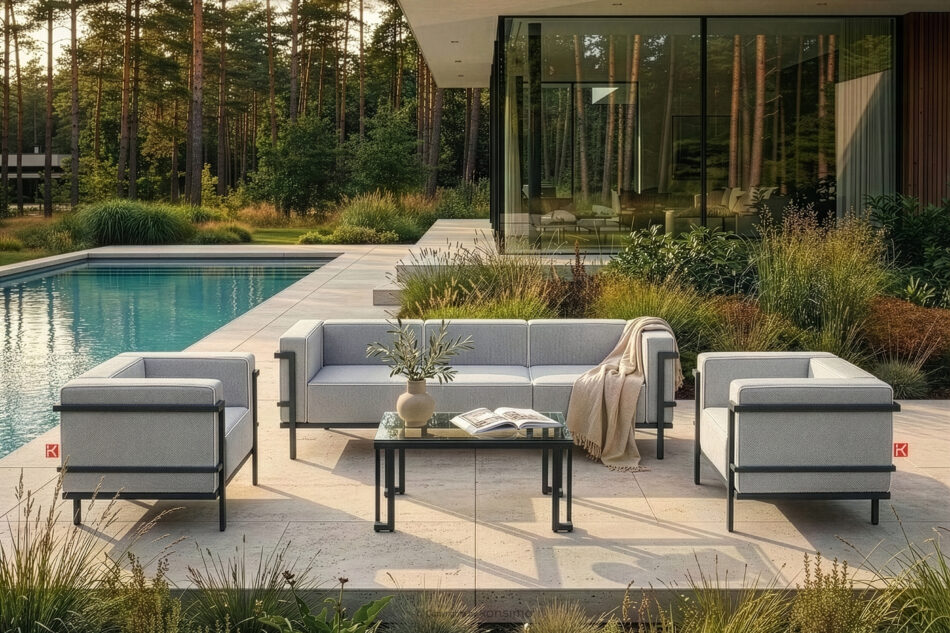 TRIGLO Nowoczesna sofa ogrodowa 3 na metalowych nóżkach ciemny szary/ciemny szary/biały ciemny szary/ciemny szary/biały - zdjęcie 10