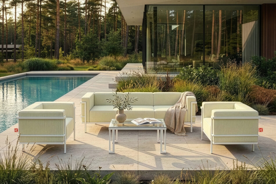 TRIGLO Nowoczesna sofa ogrodowa 3 na metalowych nóżkach biały/jasny zielony/biały biały/jasny zielony/biały - zdjęcie 10