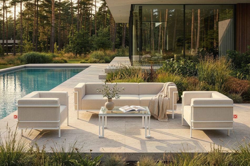 TRIGLO Nowoczesna sofa ogrodowa 3 na metalowych nóżkach biały/ciemny beżowy/biały biały/ciemny beżowy/biały - zdjęcie 10