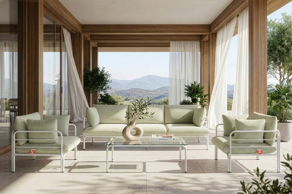 RAMBE Loftowa sofa ogrodowa 3 na metalowych nogach biały/jasny zielony/biały biały/jasny zielony/biały - zdjęcie 10