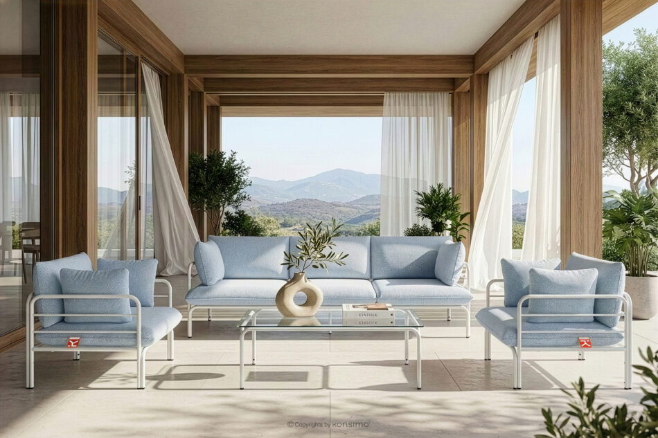 RAMBE Loftowa sofa ogrodowa 3 na metalowych nogach biały/błękitny/biały biały/błękitny/biały - zdjęcie 10