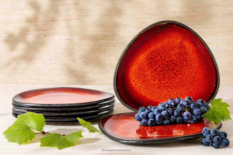 PRIMA Talerz deserowy z ceramiki ręcznie szkliwiony 6 szt. czerwony czerwony - zdjęcie 1